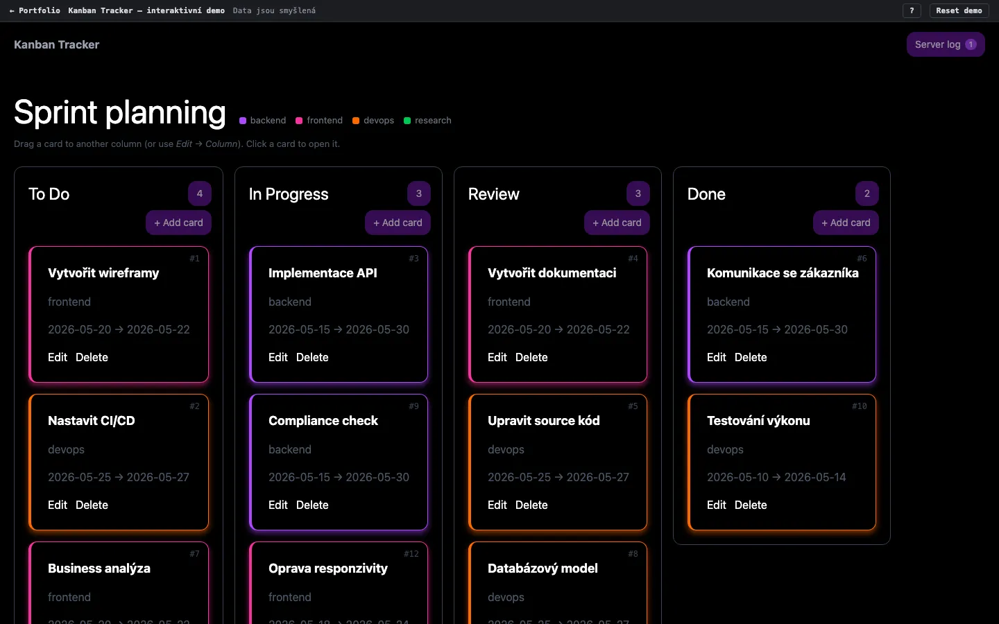 Kanban Tracker, board
