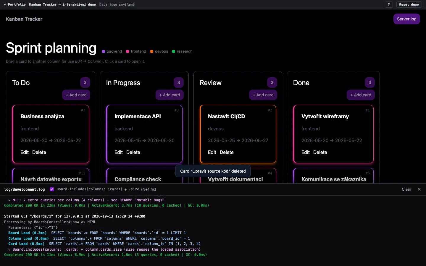 Kanban Tracker, serverový log